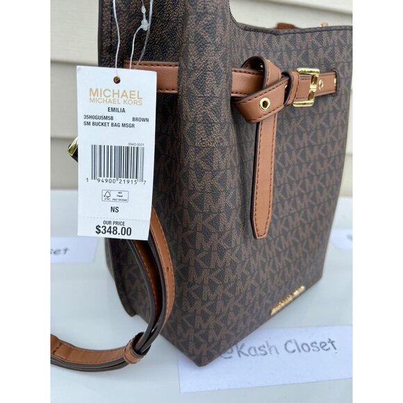 Michael Kors Bucket Bag Emilia Small Drawstring Crossbody MK Signature Brown - Picture 6 of 9